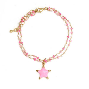 1Love 2Hugs 3Kisses 18k Gold Plated Enamel Star Charm Pendant Double Chain Bracelet Light Pink