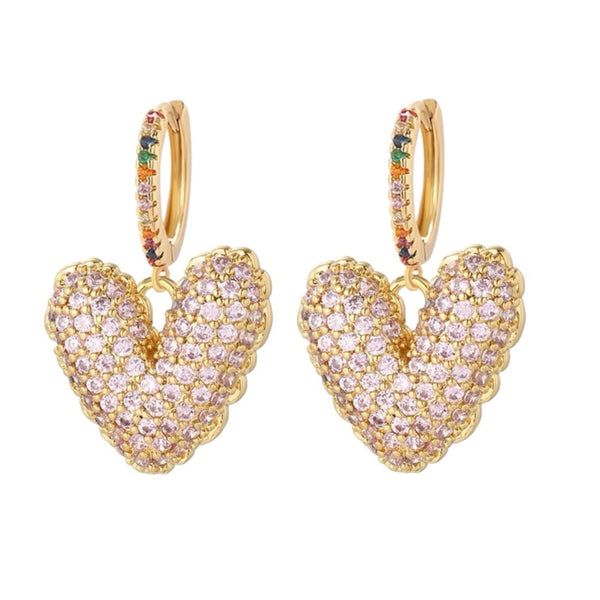 1Love 2Hugs 3Kisses Puffy Heart Earrings Zirconia Gold