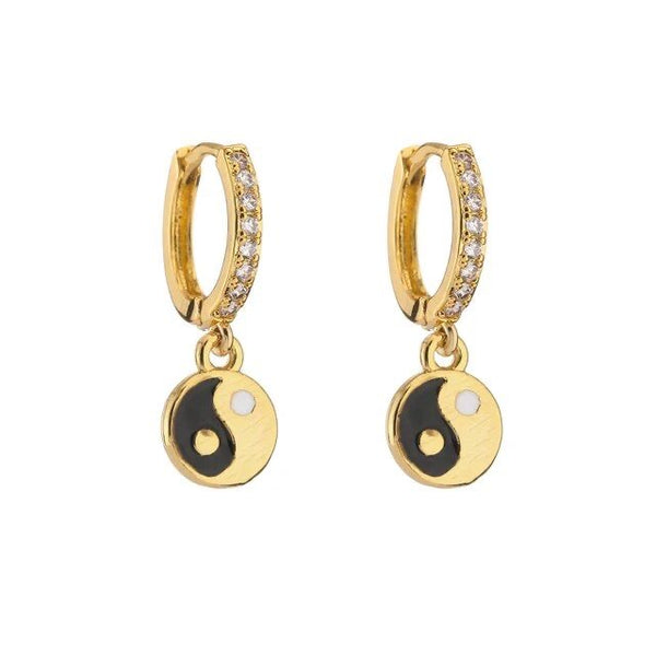 1Love 2Hugs 3Kisses Yin Yang Earrings Gold-Black
