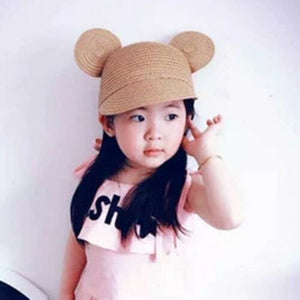 1love2hugs3kisses Straw Kids Hat With Mouse Ears Beige