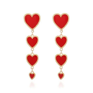 1Love 2Hugs 3Kisses Four Hearts Drop Earrings Red