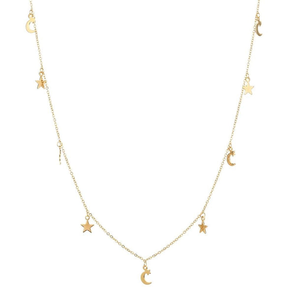 1Love 2Hugs 3Kisses Star Moon Charm Necklace Gold