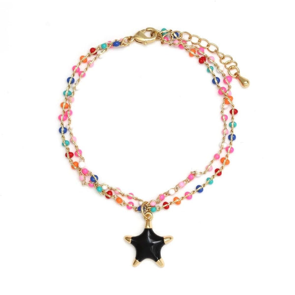 1Love 2Hugs 3Kisses 18k Gold Plated Enamel Star Charm Pendant Double Chain Bracelet Black