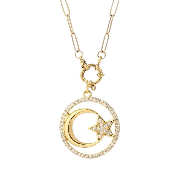 1Love 2Hugs 3Kisses Moon Star Necklace Zirconia Gold