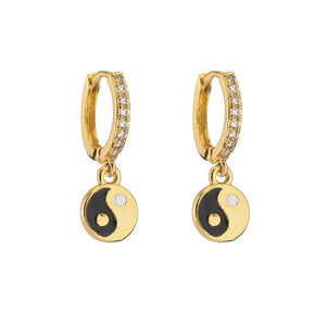 1Love 2Hugs 3Kisses Yin Yang Earrings Gold-Black