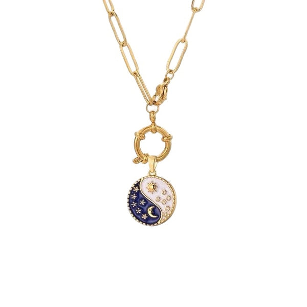 1Love 2Hugs 3Kisses Yin Yang Moon Star Necklace Blue White Gold