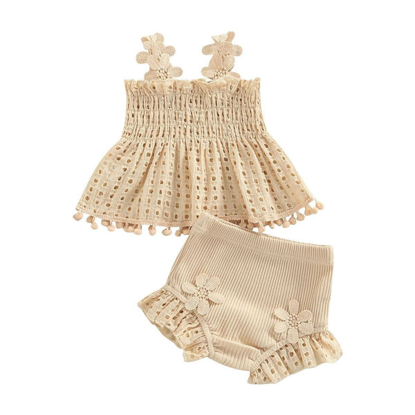 1love2hugs3kisses Baby Two Piece Set Beige Eyelet Flower Top + Shorts