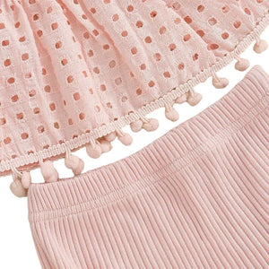 1love2hugs3kisses Baby Two Piece Set Pink Striped Bow Top + Ruffle Shorts