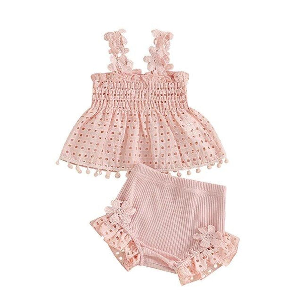 1love2hugs3kisses Baby Two Piece Set Pink Striped Bow Top + Ruffle Shorts