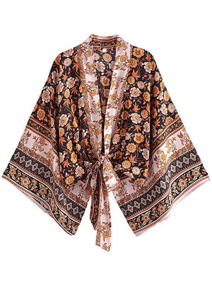 1love2hugs3kisses Kimono Tie Top Black-Brown Flowers