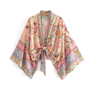 1love2hugs3kisses Kimono Tie Top Floral Beige Pink