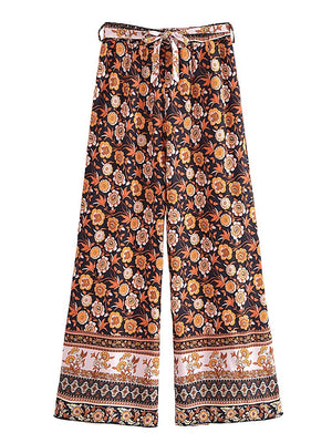 1love2hugs3kisses Long Flare Pants Black-Brown Flowers