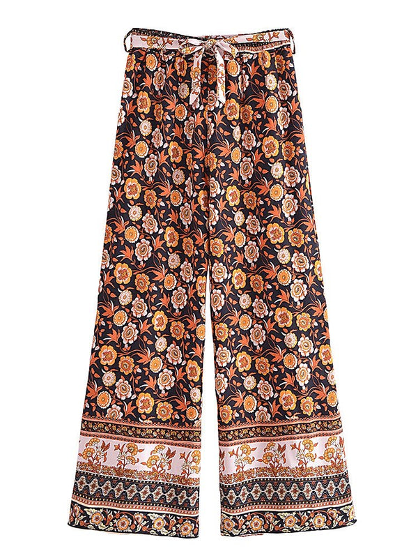 1love2hugs3kisses Long Flare Pants Black-Brown Flowers