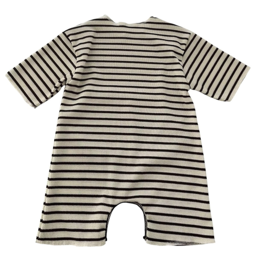 1love2hugs3kisses Baby Boy Short Sleeve Striped Waffle Romper With Cartoon Bear