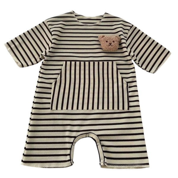 1love2hugs3kisses Baby Boy Short Sleeve Striped Waffle Romper With Cartoon Bear