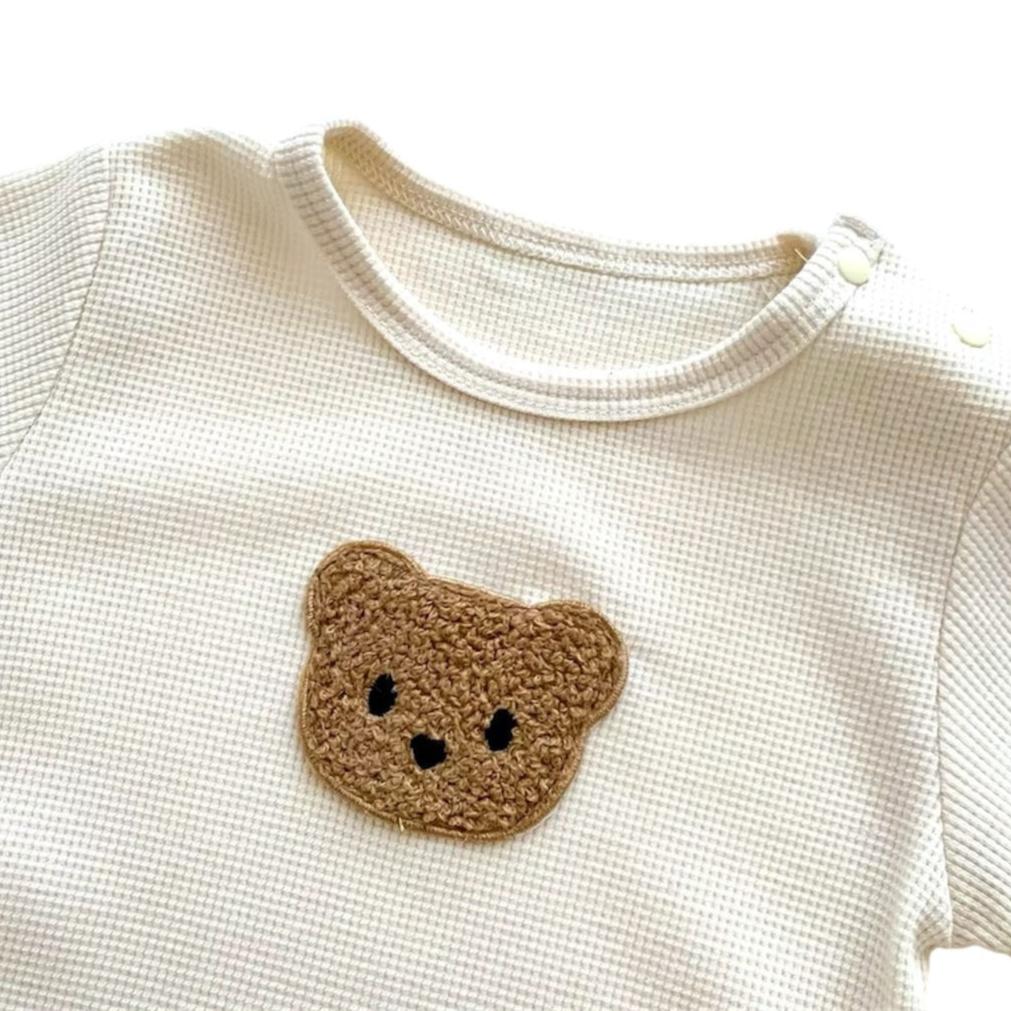 1love2hugs3kisses Baby Cream Waffle Short Sleeve Onesie Bear + Hat