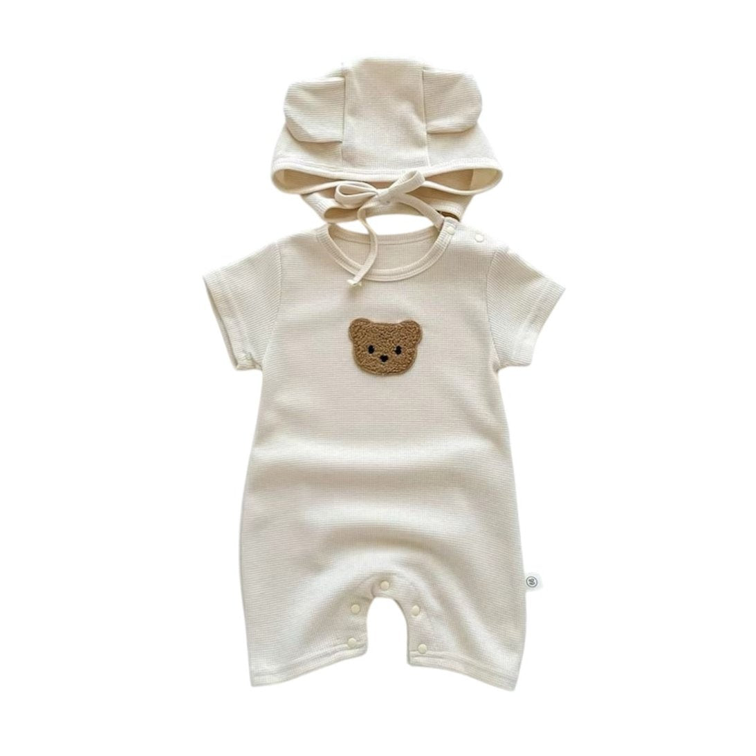 1love2hugs3kisses Baby Cream Waffle Short Sleeve Onesie Bear + Hat