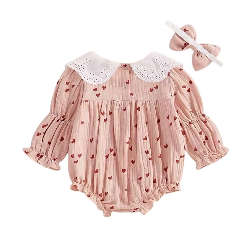 1love2hugs3kisses Baby Girl Longsleeve Onesie Lace Collar - Pink with Red Hearts