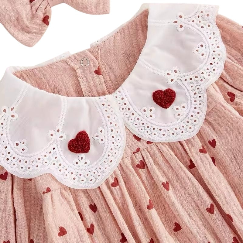1love2hugs3kisses Baby Girl Longsleeve Onesie Lace Collar - Pink with Red Hearts