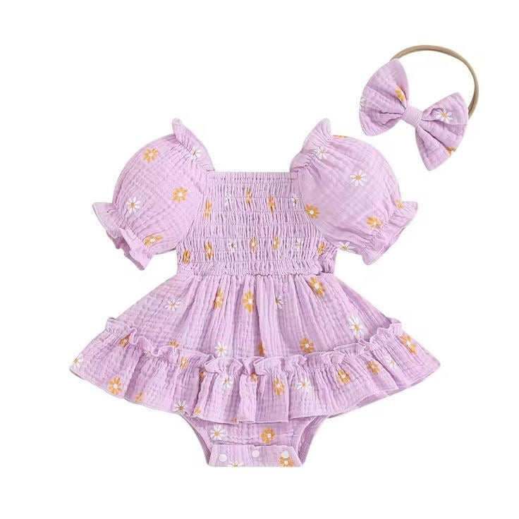 1love2hugs3kisses Baby Girl Onesie Dress Daisy Lilac + Bow&nbsp;