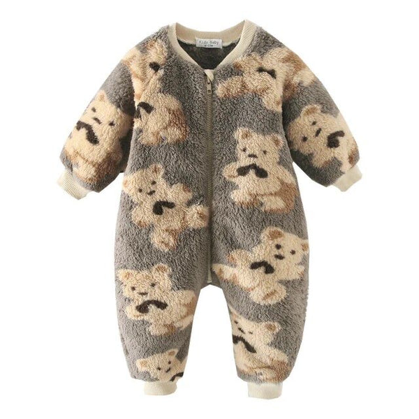 Baby Teddy Bear Fleece Jumpsuit – Grey & Beige available at 1love2hugs3kisses ibiza