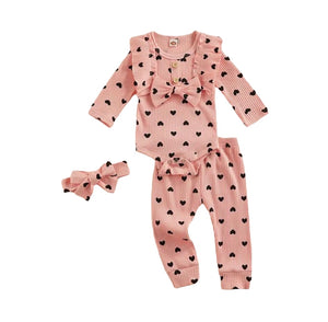 Baby Outfit Onesie + Leggings + Bow All over Hearts  Pink