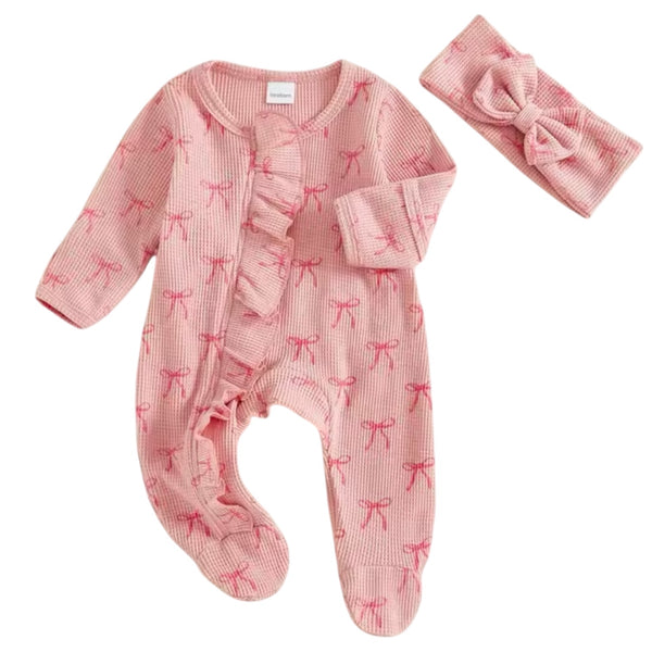 Baby Girl Onesie Longsleeve Ruffle Jumpsuit with Headband - Pink Bows available at 1love2hugs3kisses ibiza