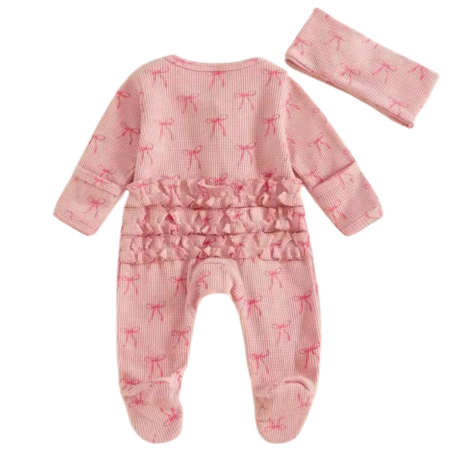Baby Girl Onesie Longsleeve Ruffle Jumpsuit with Headband - Pink Bows available at 1love2hugs3kisses ibiza