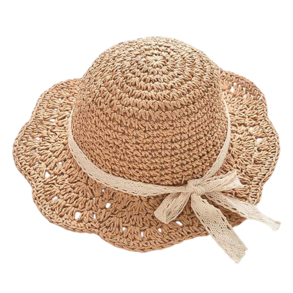 Girls Lace Bow Straw Sun Hat - Beige
