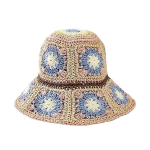 1love2hugs3kisses Crochet Bucket Hat Flower Beige Blue