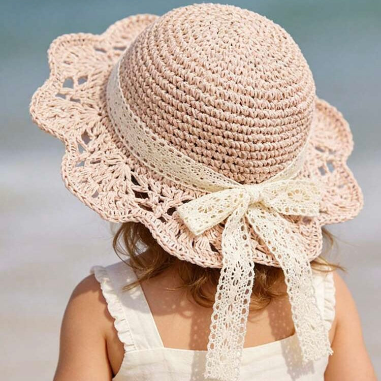 Girls Lace Bow Straw Sun Hat - Pink