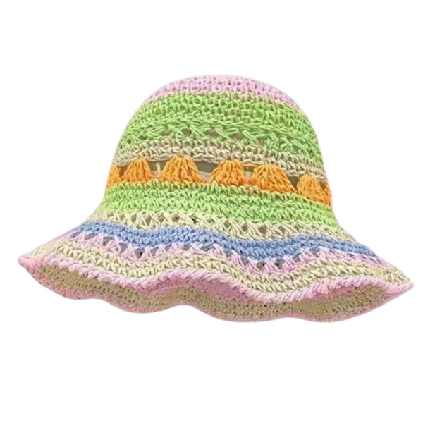 Rainbow striped womens crochet bucket hat pink