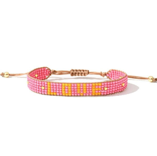 1Love 2Hugs 3Kisses Handmade Rice Bead Braided Bracelet Love Pink-Yellow