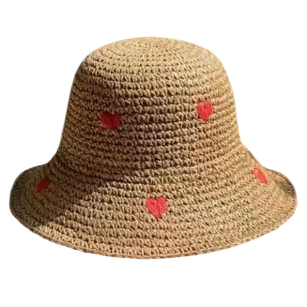 Womens Crochet Bucket Hat Red Hearts Khaki