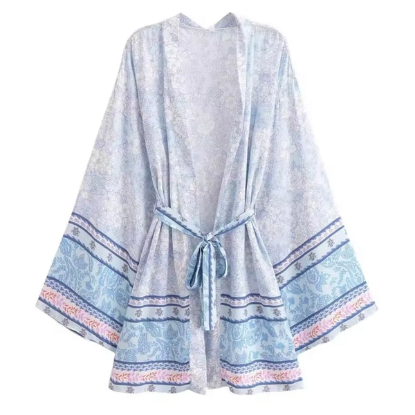 Short Kimono Flowers - Light Blue