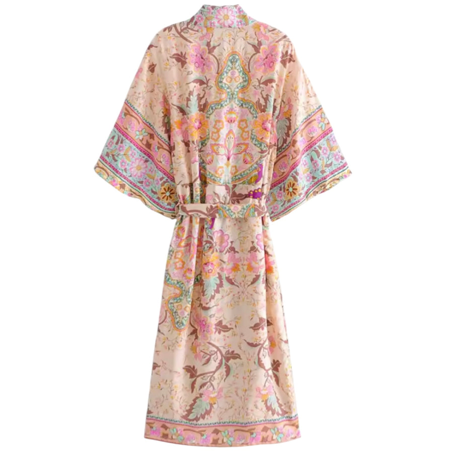 Long Bohemian Floral Kimono - Peach
