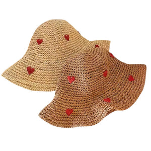 Womens Crochet Bucket Hat Red Hearts Khaki