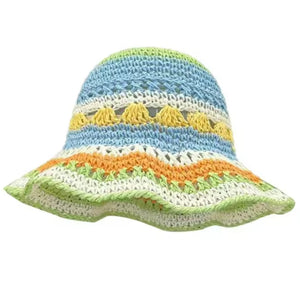Rainbow Crochet Striped Bucket Hat Blue