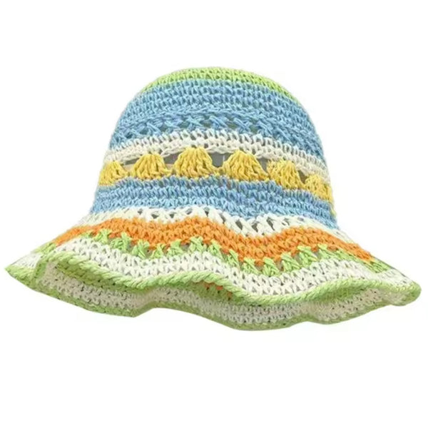 Rainbow Crochet Striped Bucket Hat Blue