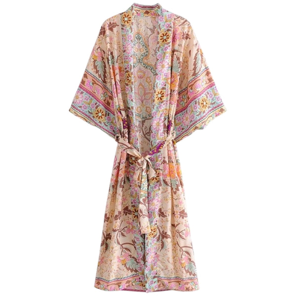 Long Bohemian Floral Kimono - Peach