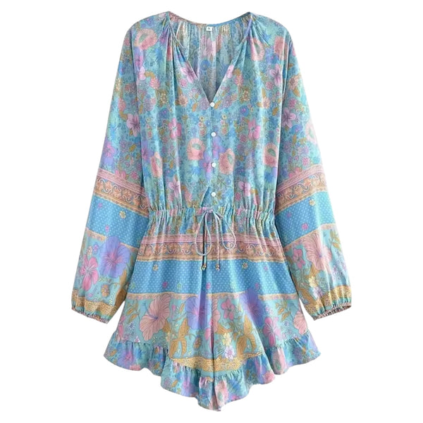 Bohemian Floral Playsuit - Sky Blue / Pink