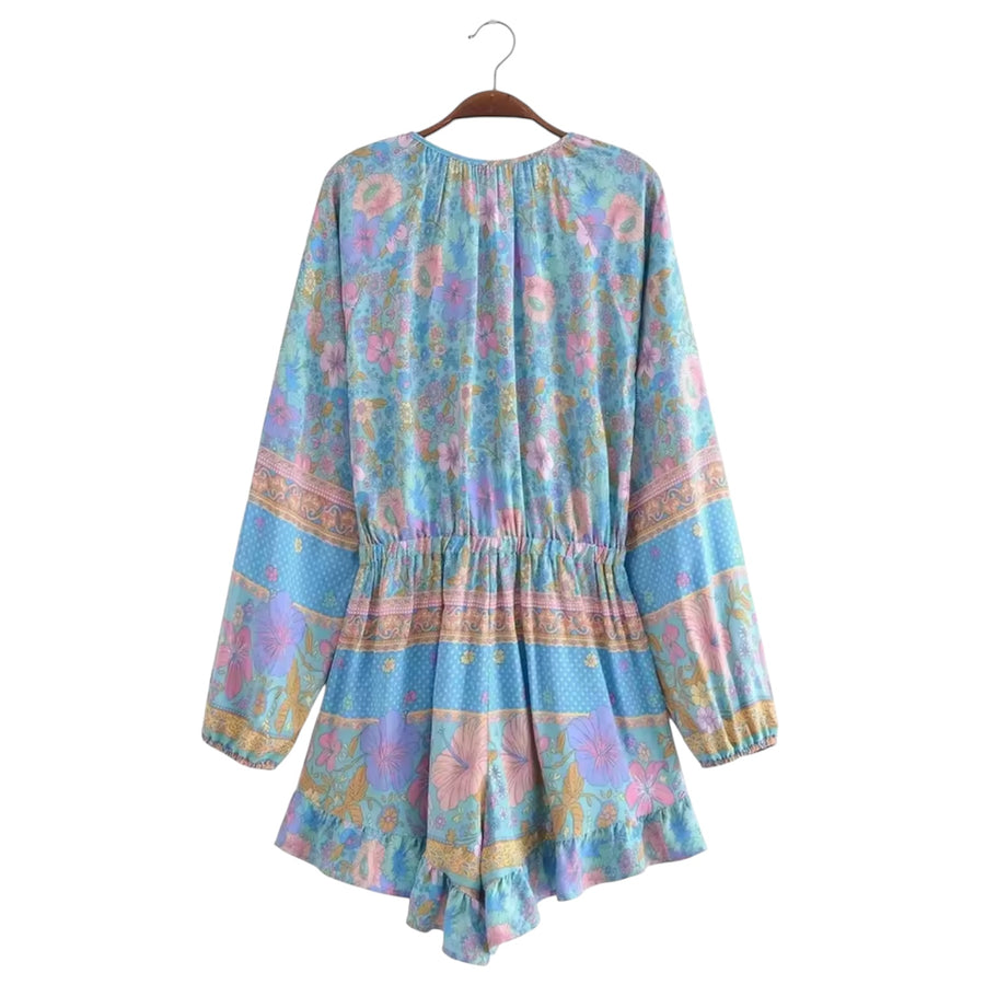 Bohemian Floral Playsuit - Sky Blue / Pink