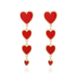 1Love 2Hugs 3Kisses Four Hearts Drop Earrings Red