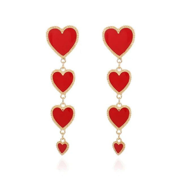 1Love 2Hugs 3Kisses Four Hearts Drop Earrings Red