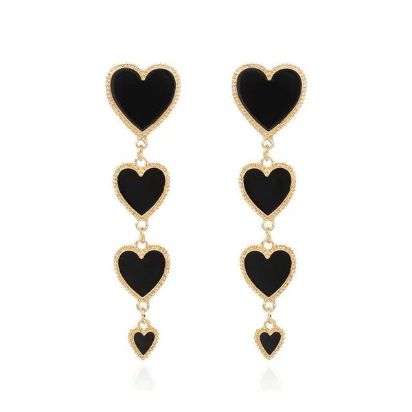 1Love 2Hugs 3Kisses Four Hearts Drop Earrings Black