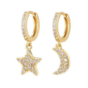 1Love 2Hugs 3Kisses Star Moon Earrings Gold