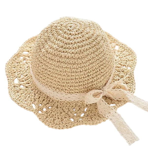 Girls Lace Bow Straw Sun Hat - Cream