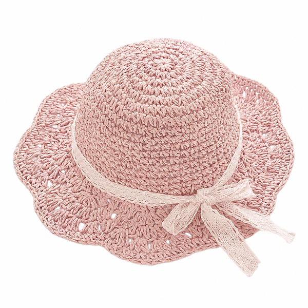 Girls Lace Bow Straw Sun Hat - Pink