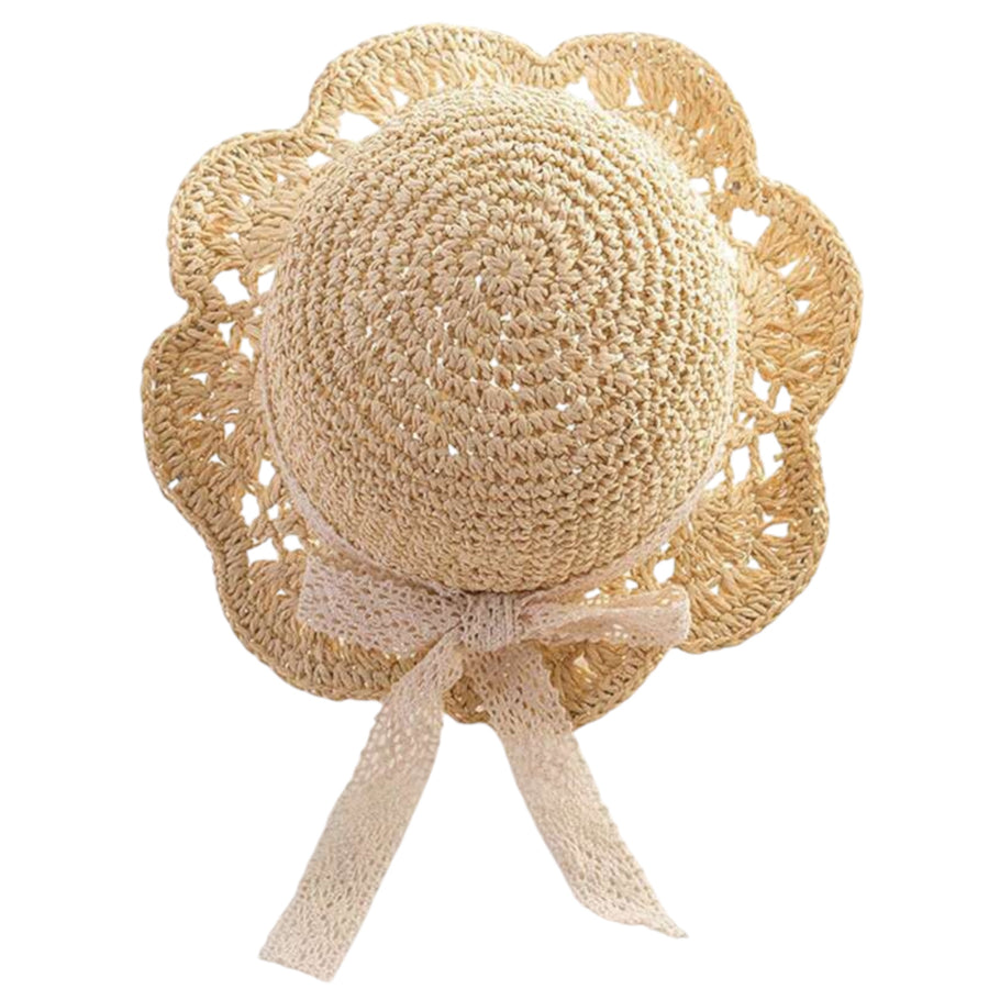 Girls Lace Bow Straw Sun Hat - Cream