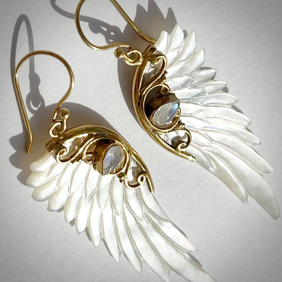 ANGEL ROCKS HAND CARVED WING EARRINGS GOLD
